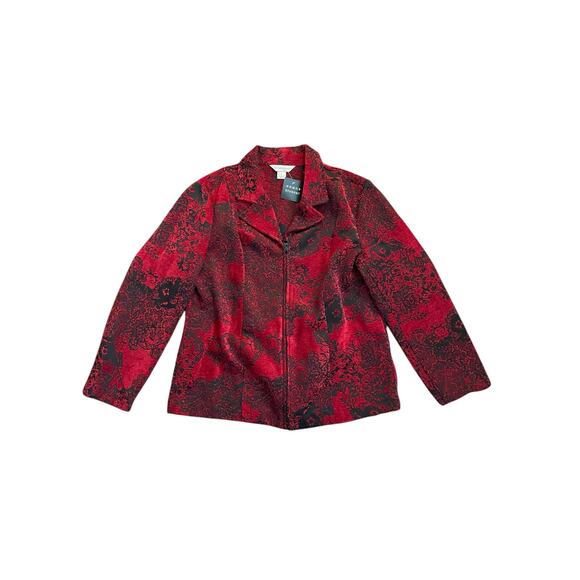 1990s VTG christopher & banks Red Black Tapestry Patterned Zip Up Jacket Medium - Picture 1 of 4